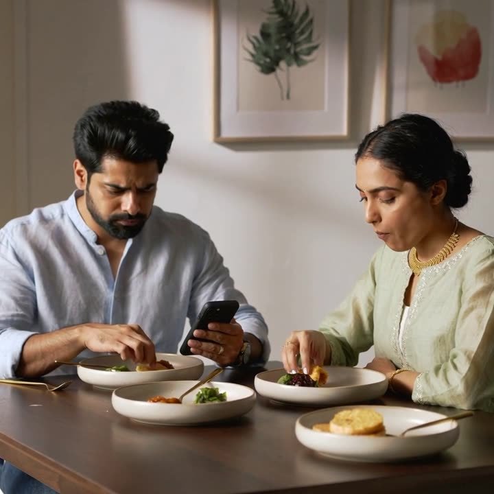 A couple at dinner, both on their phones