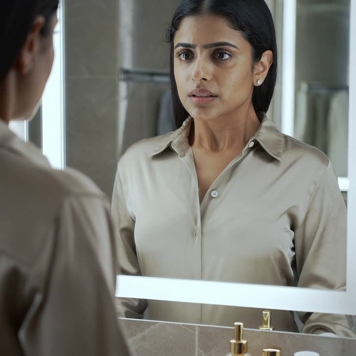 A woman looking at herself in the mirror
