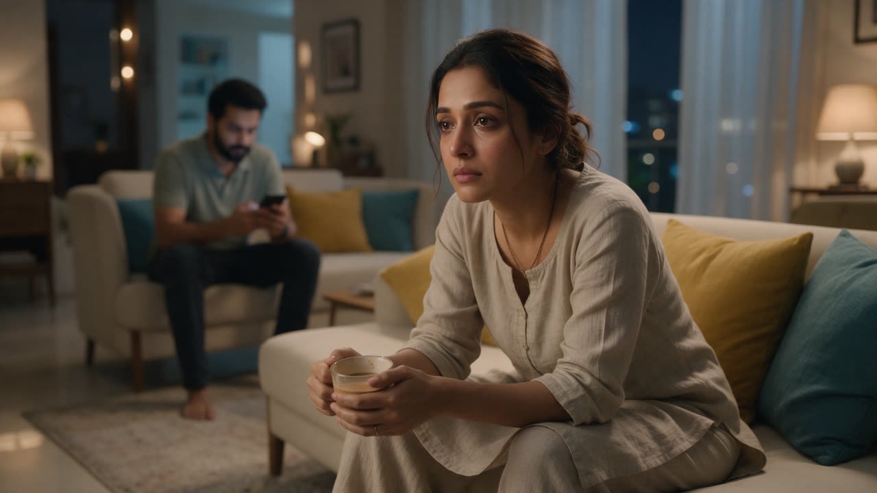 A wife sitting alone late at night with her chai, lost in thought, while her husband scrolls his phone
